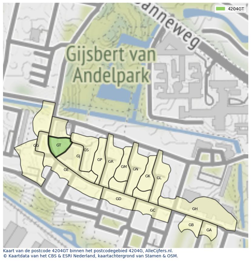 Afbeelding van het postcodegebied 4204 GT op de kaart.