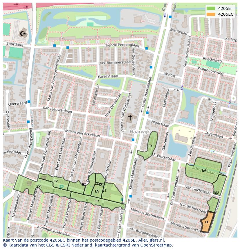 Afbeelding van het postcodegebied 4205 EC op de kaart.