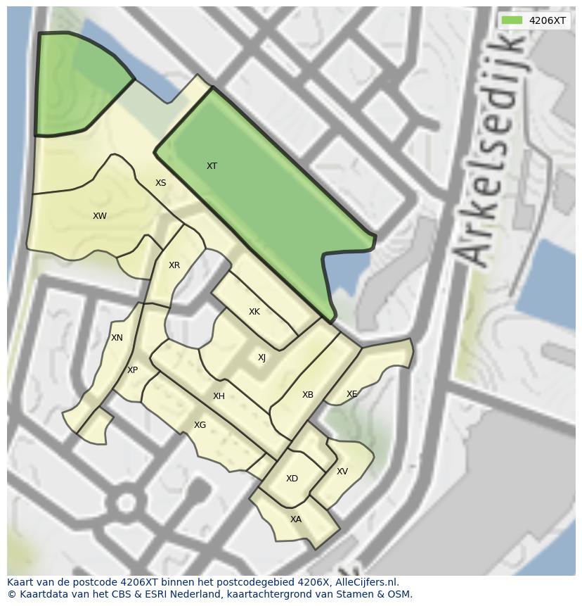 Afbeelding van het postcodegebied 4206 XT op de kaart.