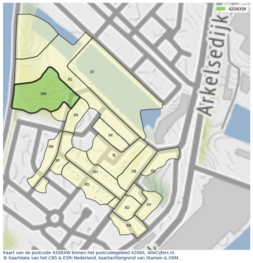 Afbeelding van het postcodegebied 4206 XW op de kaart.