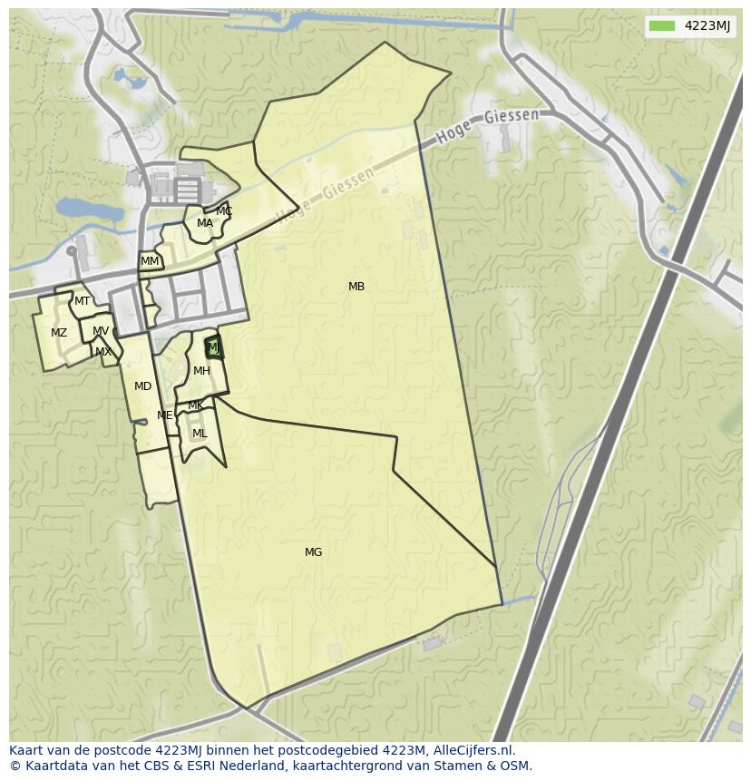 Afbeelding van het postcodegebied 4223 MJ op de kaart.