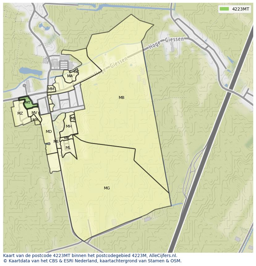 Afbeelding van het postcodegebied 4223 MT op de kaart.