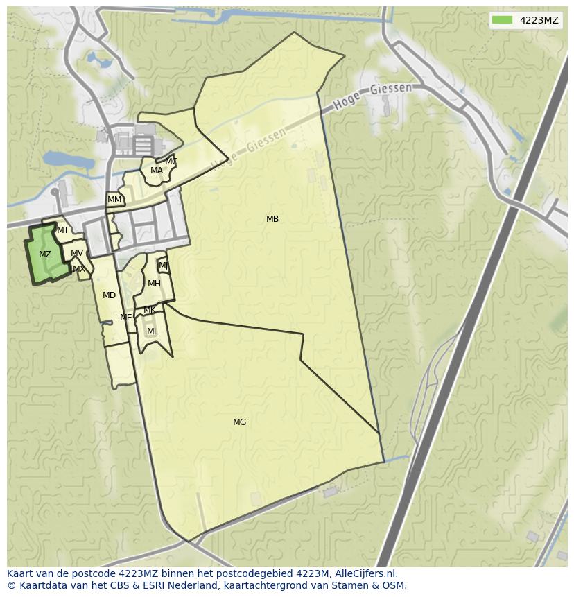 Afbeelding van het postcodegebied 4223 MZ op de kaart.