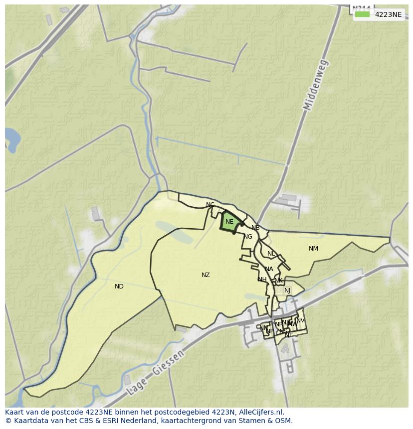 Afbeelding van het postcodegebied 4223 NE op de kaart.