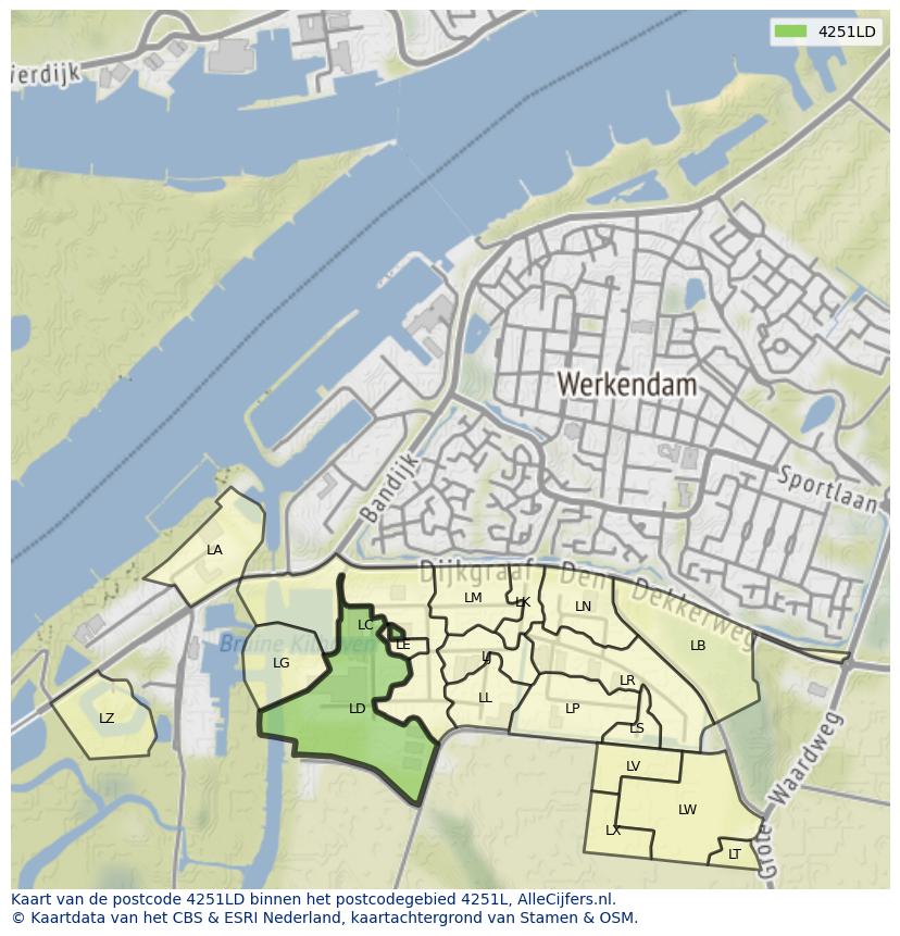 Afbeelding van het postcodegebied 4251 LD op de kaart.