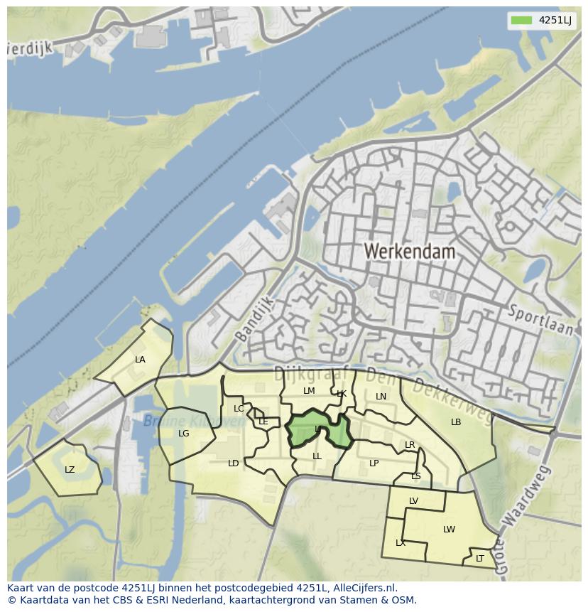 Afbeelding van het postcodegebied 4251 LJ op de kaart.