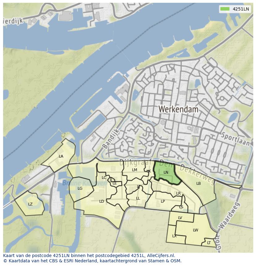 Afbeelding van het postcodegebied 4251 LN op de kaart.