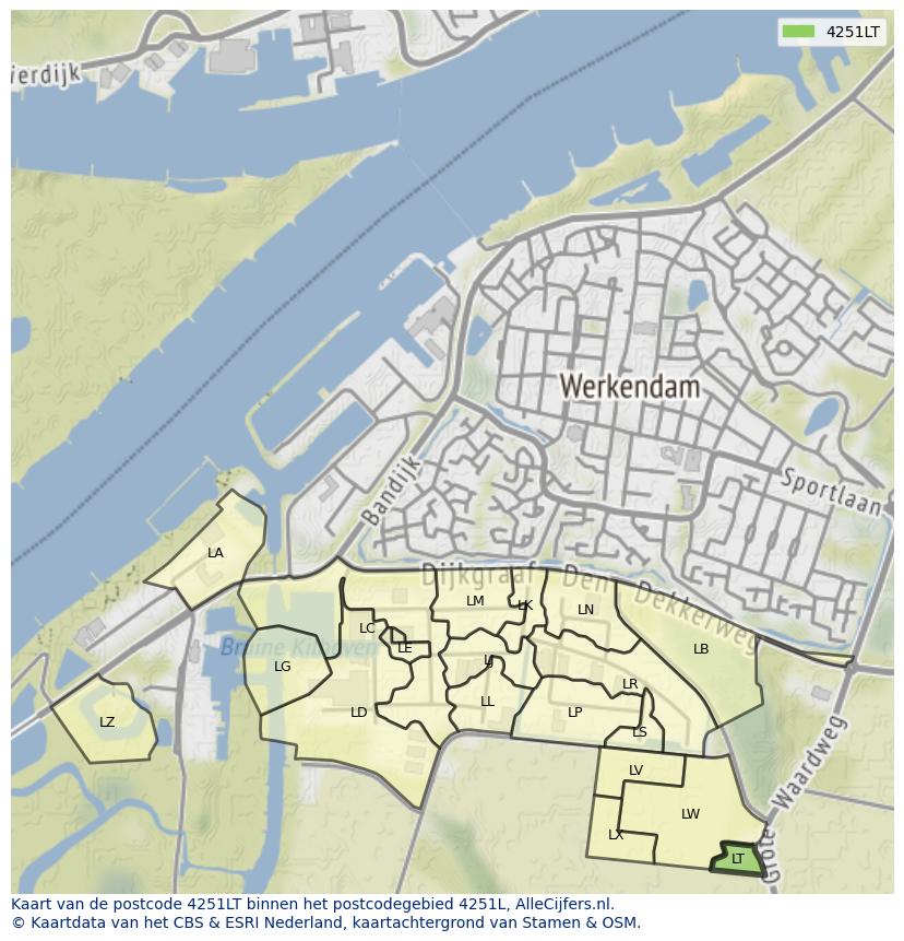 Afbeelding van het postcodegebied 4251 LT op de kaart.