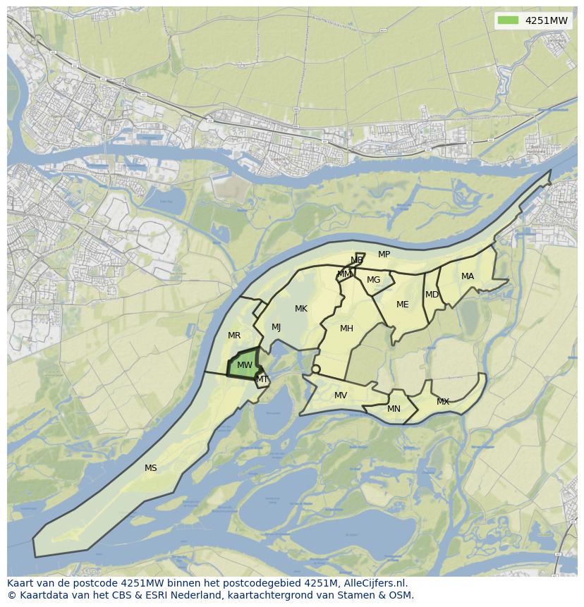 Afbeelding van het postcodegebied 4251 MW op de kaart.