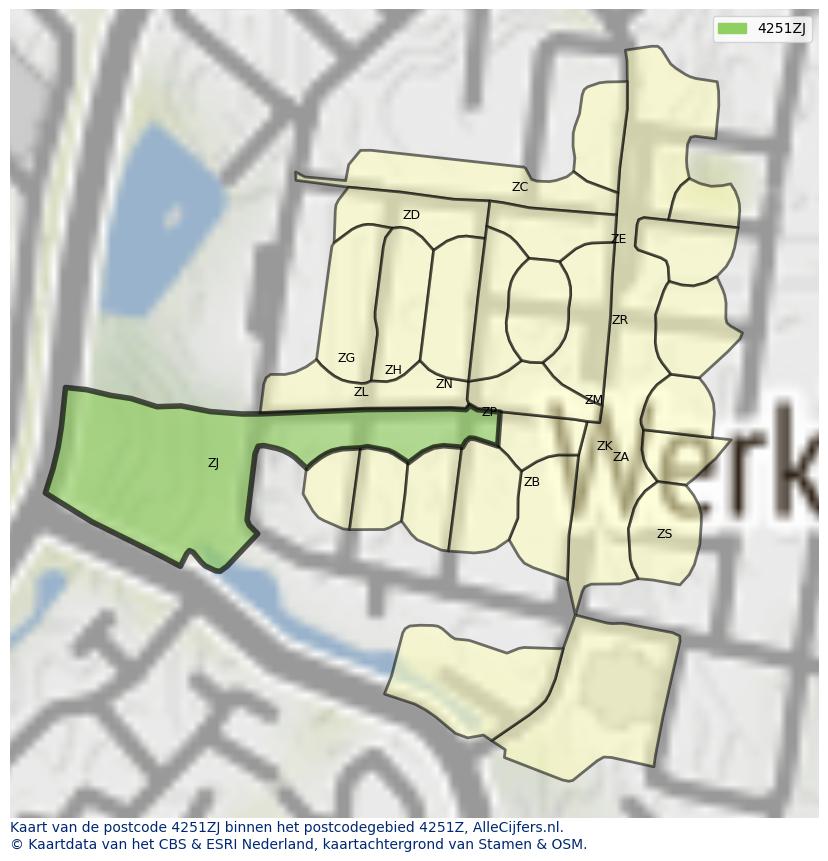 Afbeelding van het postcodegebied 4251 ZJ op de kaart.