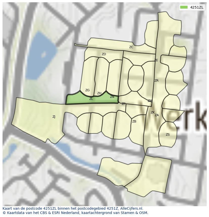 Afbeelding van het postcodegebied 4251 ZL op de kaart.