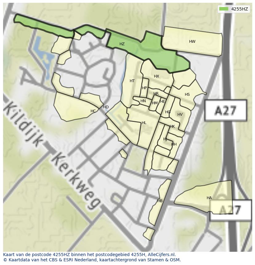 Afbeelding van het postcodegebied 4255 HZ op de kaart.