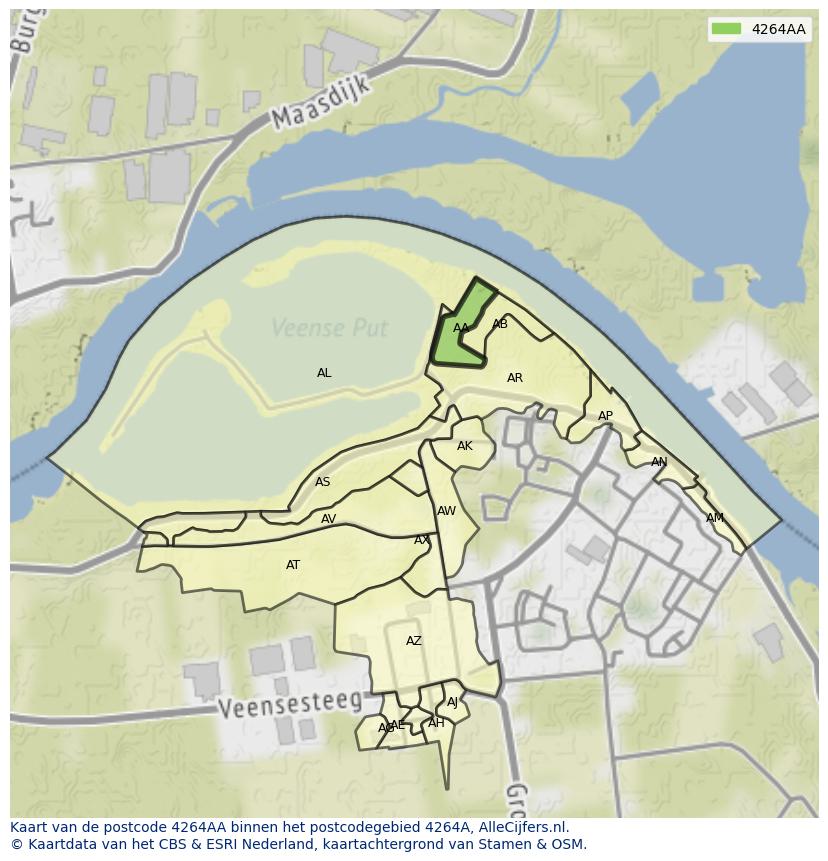 Afbeelding van het postcodegebied 4264 AA op de kaart.