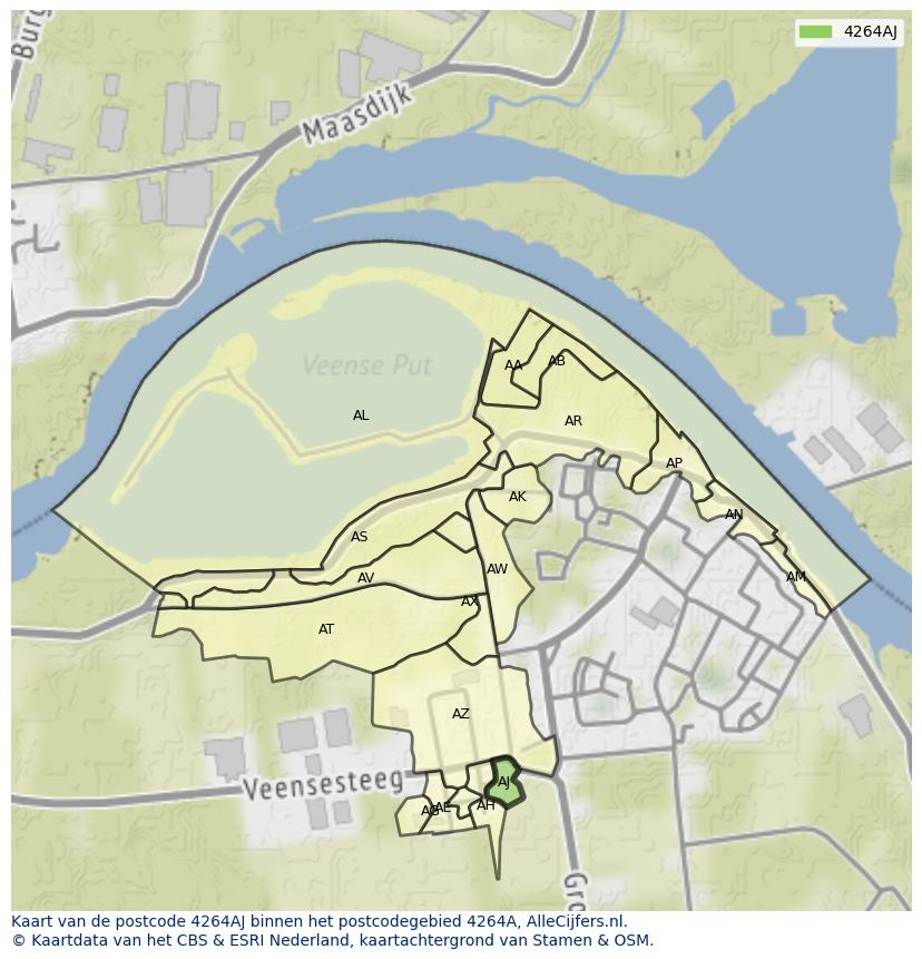 Afbeelding van het postcodegebied 4264 AJ op de kaart.