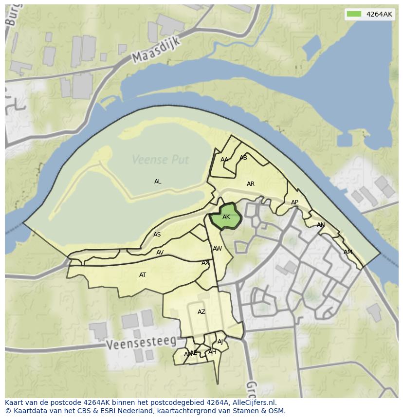 Afbeelding van het postcodegebied 4264 AK op de kaart.