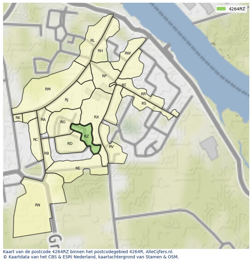 Afbeelding van het postcodegebied 4264 RZ op de kaart.