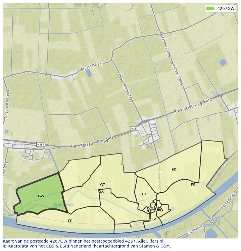 Afbeelding van het postcodegebied 4267 GW op de kaart.
