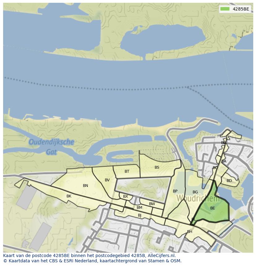 Afbeelding van het postcodegebied 4285 BE op de kaart.