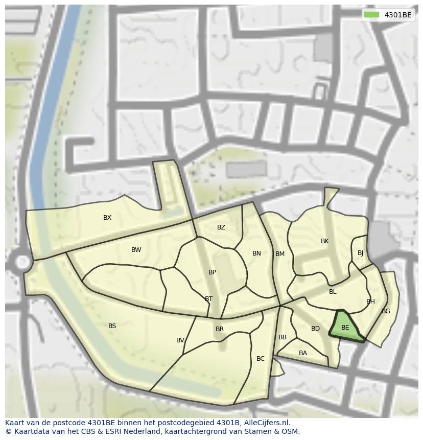 Afbeelding van het postcodegebied 4301 BE op de kaart.