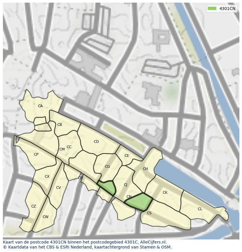 Afbeelding van het postcodegebied 4301 CN op de kaart.