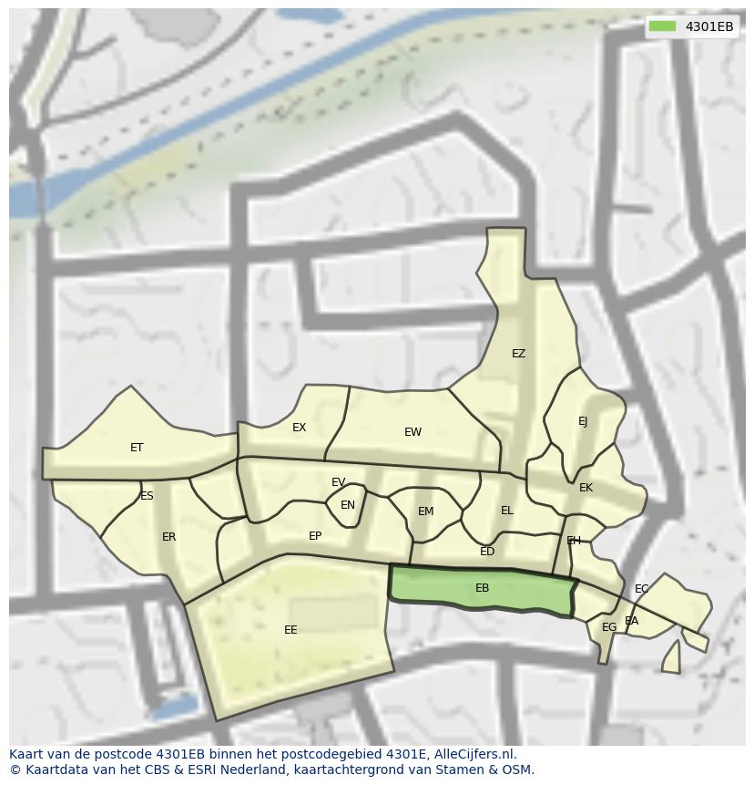 Afbeelding van het postcodegebied 4301 EB op de kaart.