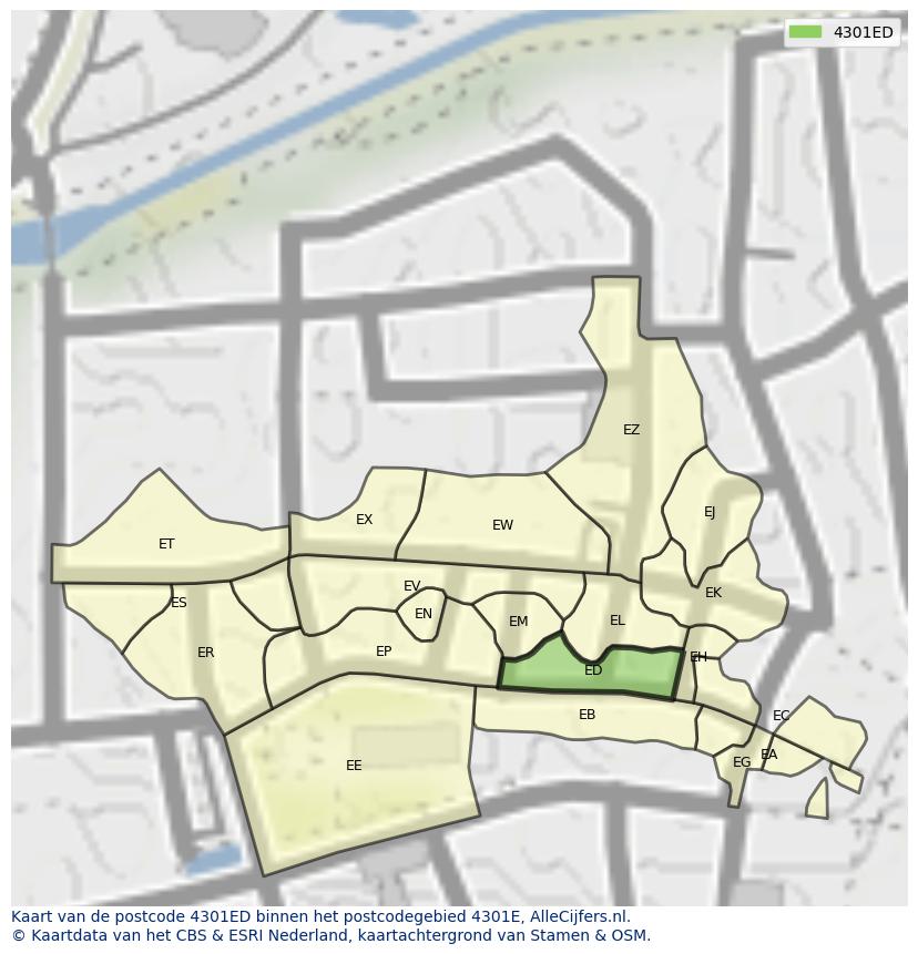Afbeelding van het postcodegebied 4301 ED op de kaart.