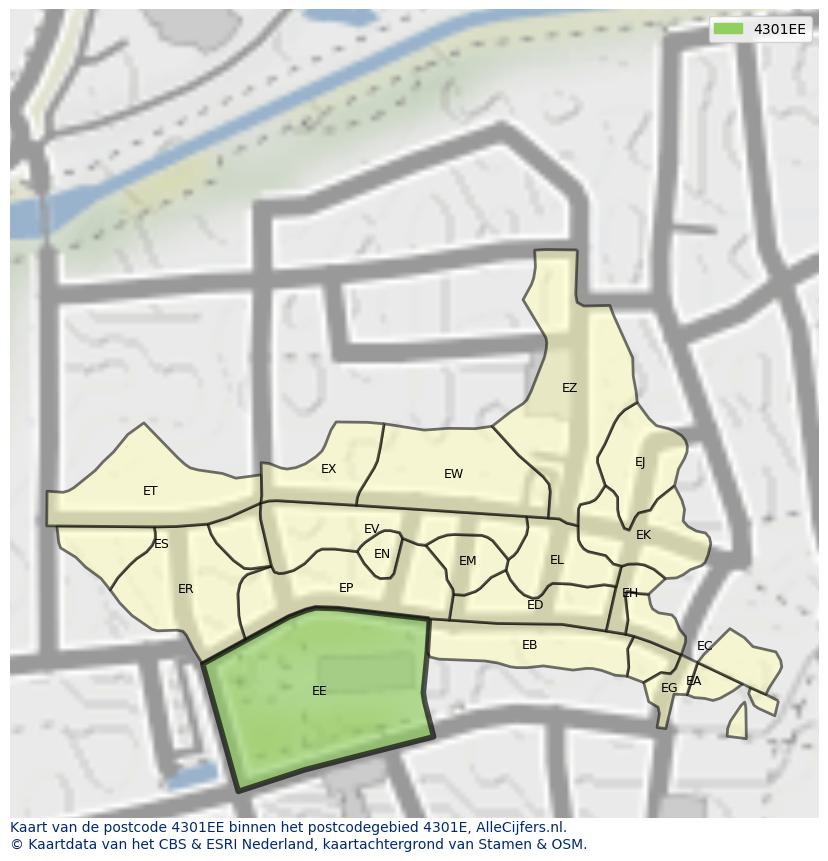 Afbeelding van het postcodegebied 4301 EE op de kaart.