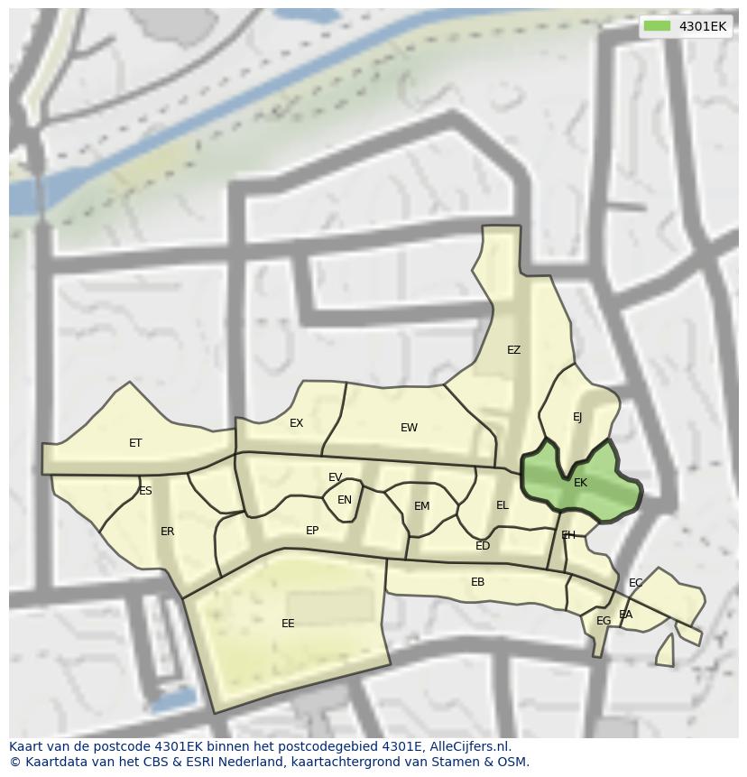 Afbeelding van het postcodegebied 4301 EK op de kaart.