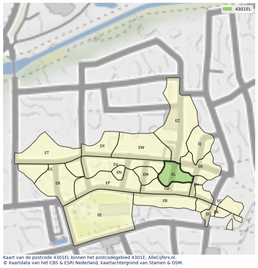 Afbeelding van het postcodegebied 4301 EL op de kaart.