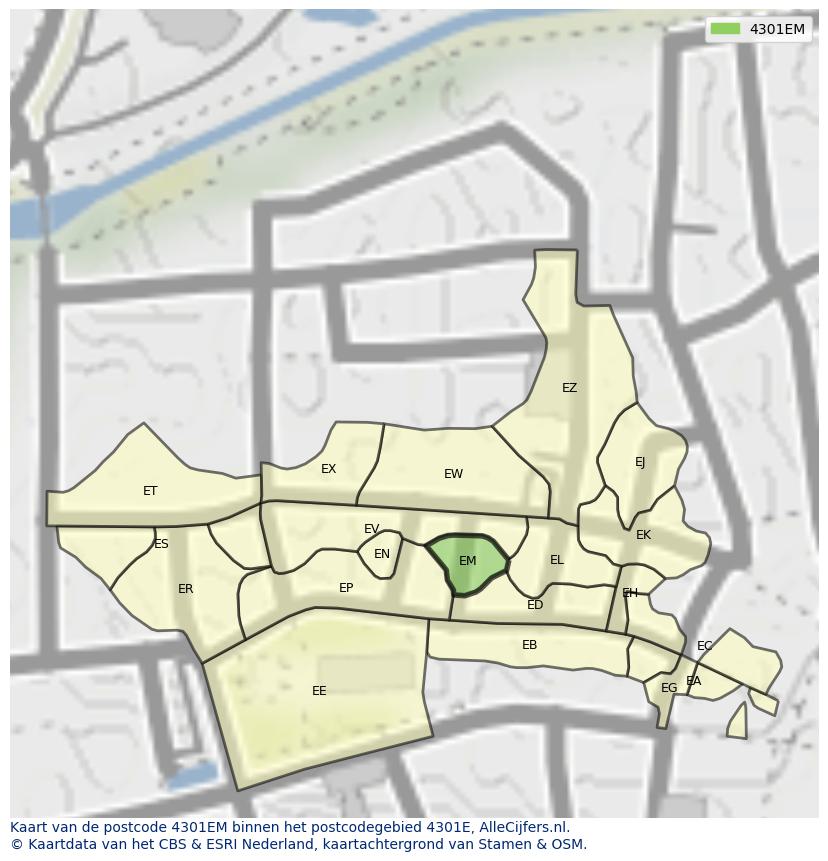 Afbeelding van het postcodegebied 4301 EM op de kaart.