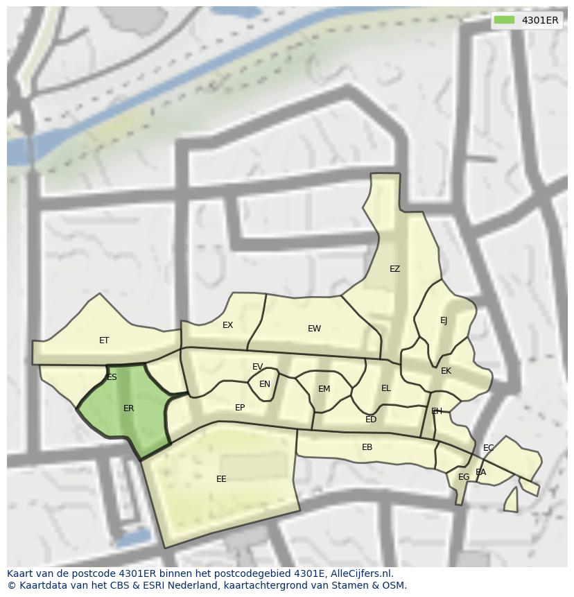 Afbeelding van het postcodegebied 4301 ER op de kaart.