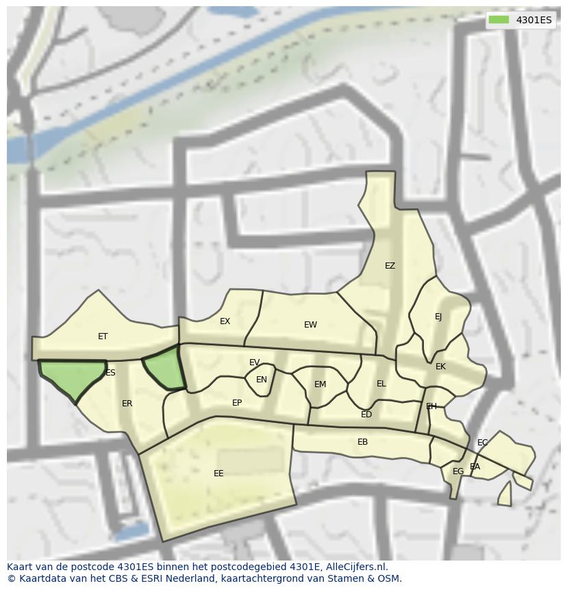 Afbeelding van het postcodegebied 4301 ES op de kaart.