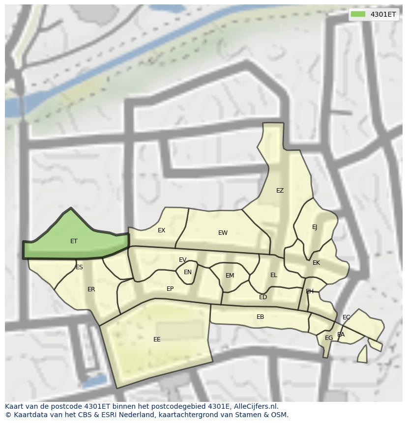 Afbeelding van het postcodegebied 4301 ET op de kaart.