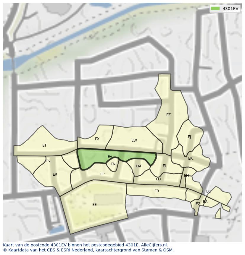 Afbeelding van het postcodegebied 4301 EV op de kaart.