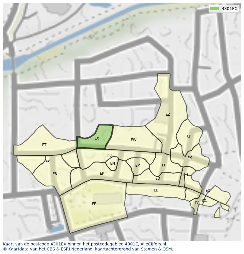 Afbeelding van het postcodegebied 4301 EX op de kaart.