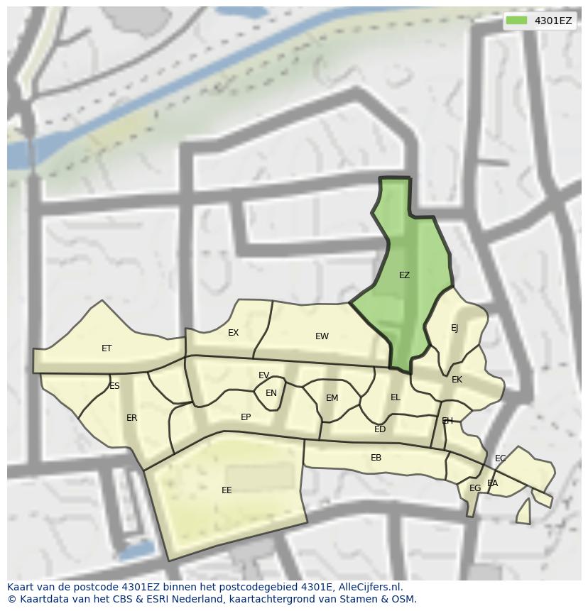 Afbeelding van het postcodegebied 4301 EZ op de kaart.