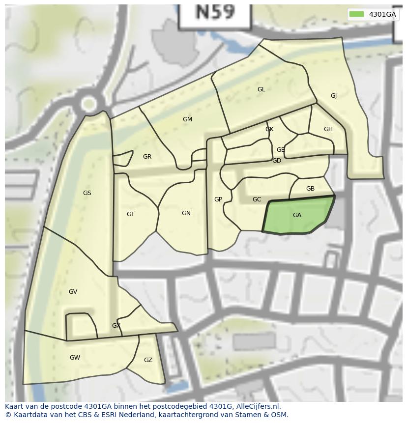 Afbeelding van het postcodegebied 4301 GA op de kaart.