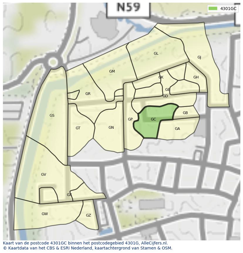 Afbeelding van het postcodegebied 4301 GC op de kaart.
