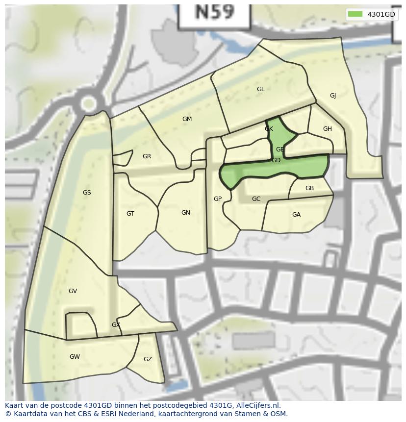 Afbeelding van het postcodegebied 4301 GD op de kaart.