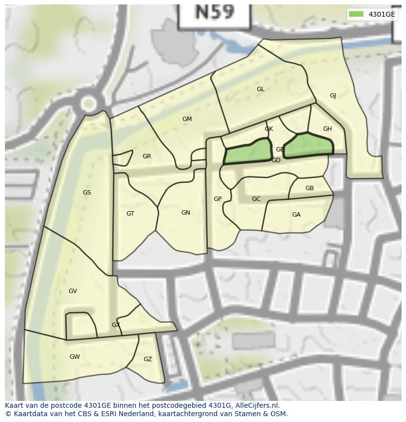 Afbeelding van het postcodegebied 4301 GE op de kaart.