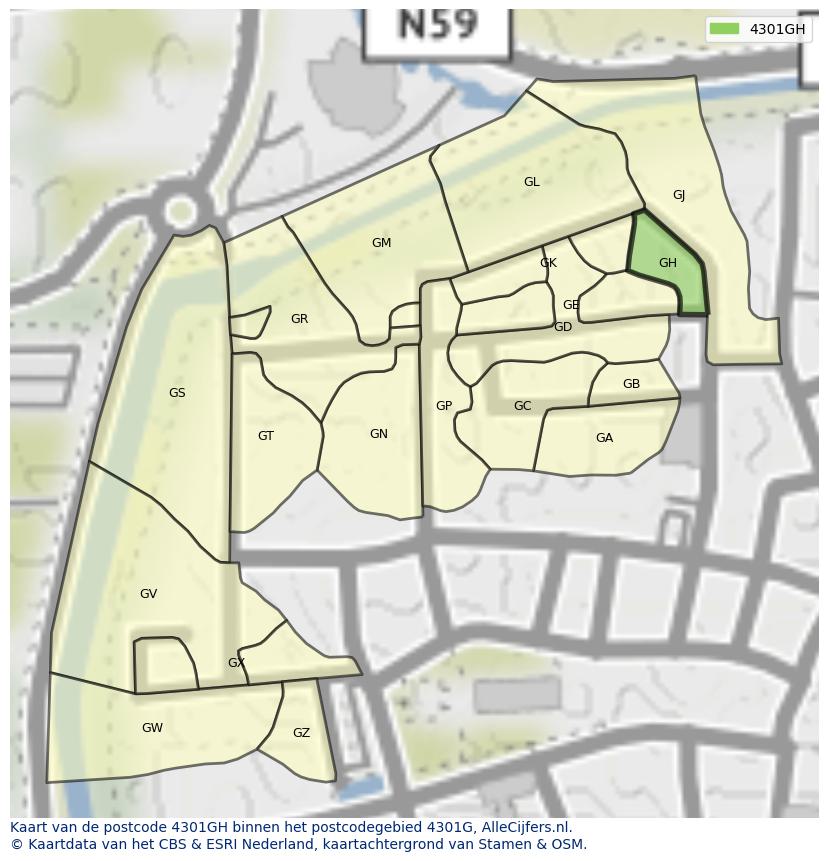 Afbeelding van het postcodegebied 4301 GH op de kaart.