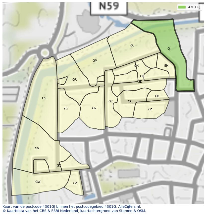 Afbeelding van het postcodegebied 4301 GJ op de kaart.