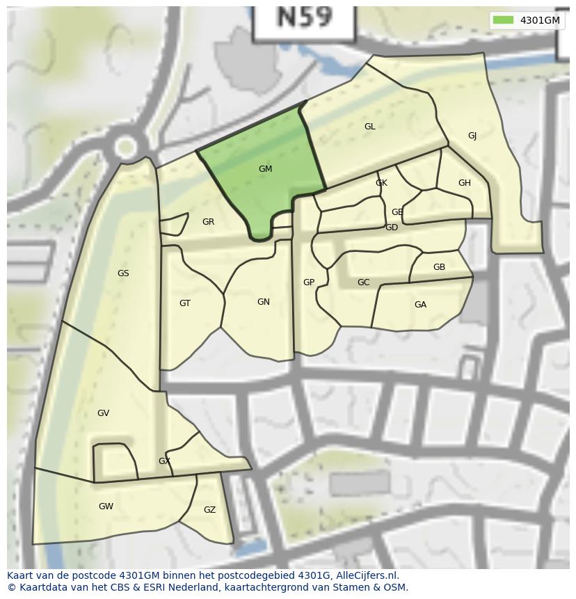 Afbeelding van het postcodegebied 4301 GM op de kaart.