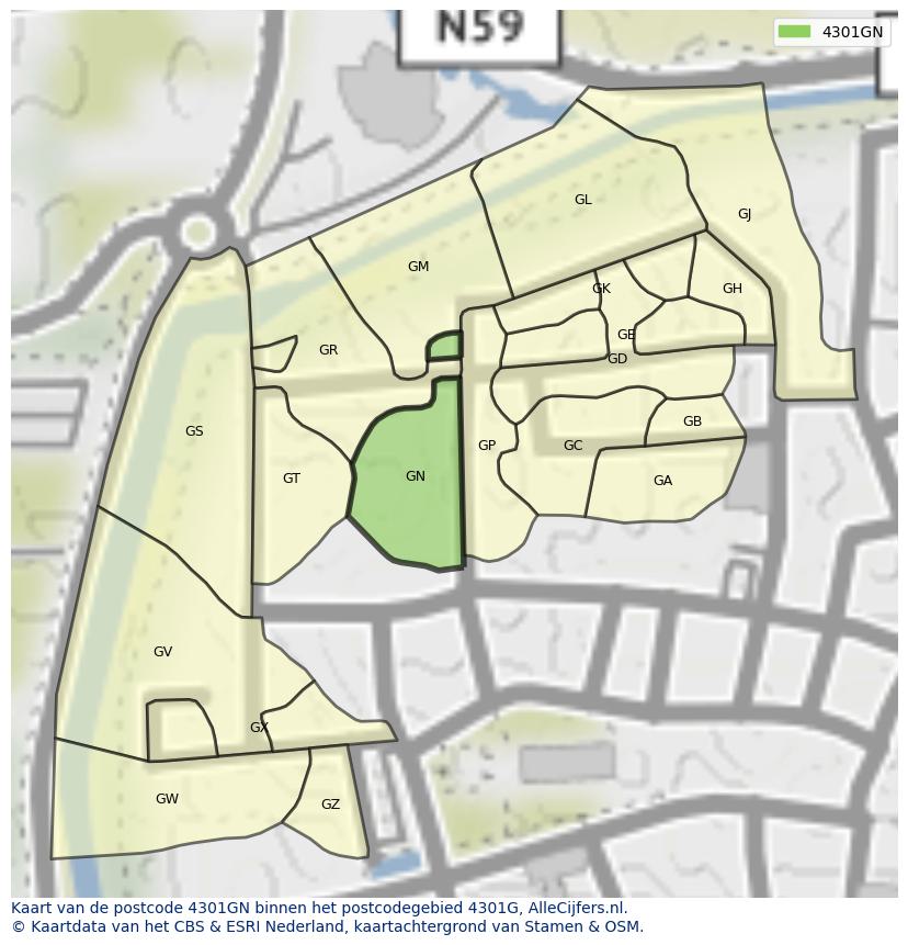 Afbeelding van het postcodegebied 4301 GN op de kaart.