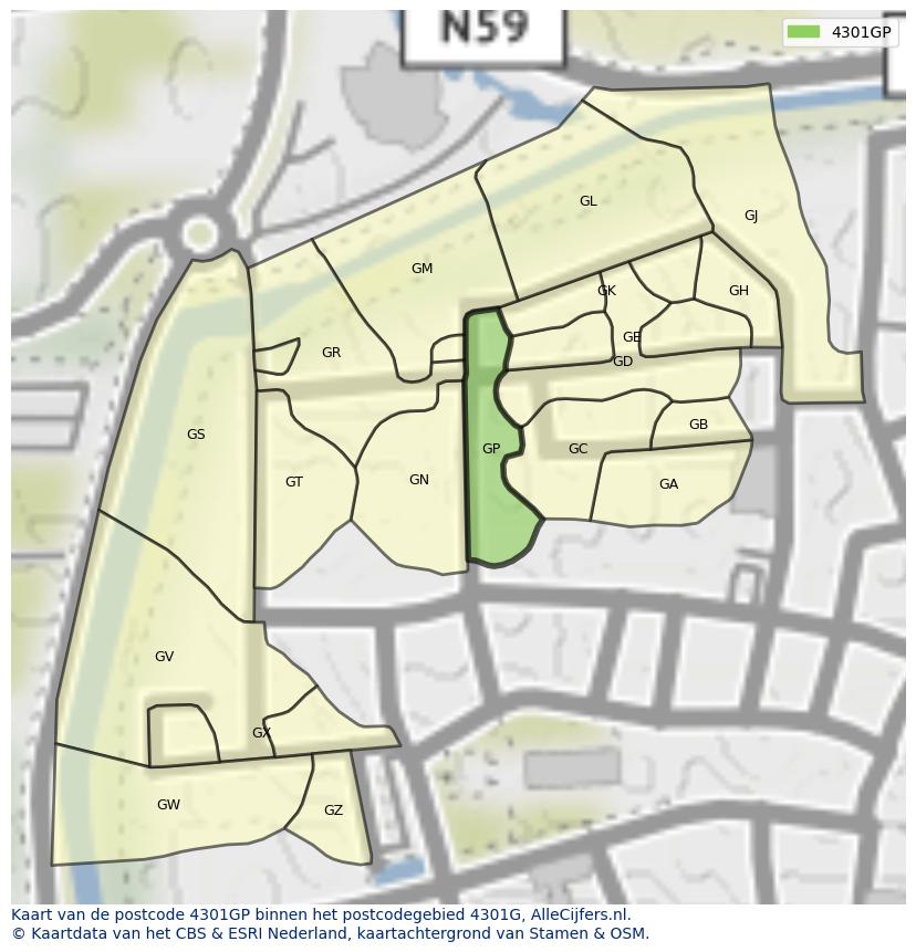 Afbeelding van het postcodegebied 4301 GP op de kaart.