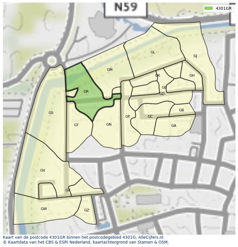 Afbeelding van het postcodegebied 4301 GR op de kaart.