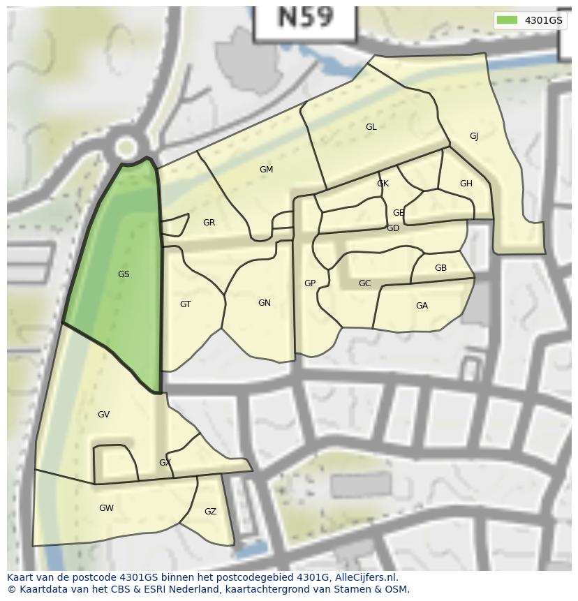 Afbeelding van het postcodegebied 4301 GS op de kaart.
