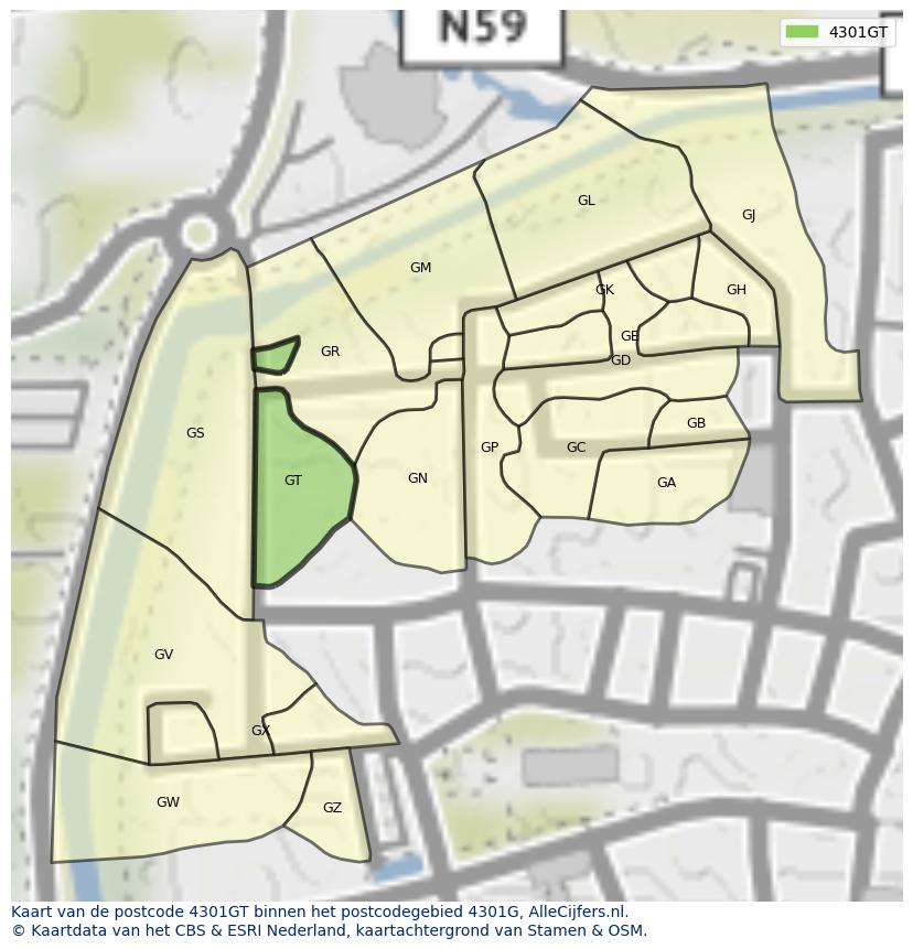 Afbeelding van het postcodegebied 4301 GT op de kaart.