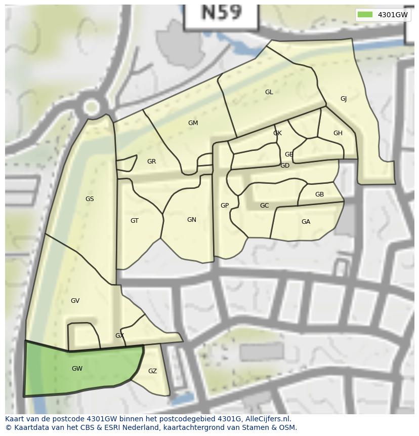 Afbeelding van het postcodegebied 4301 GW op de kaart.