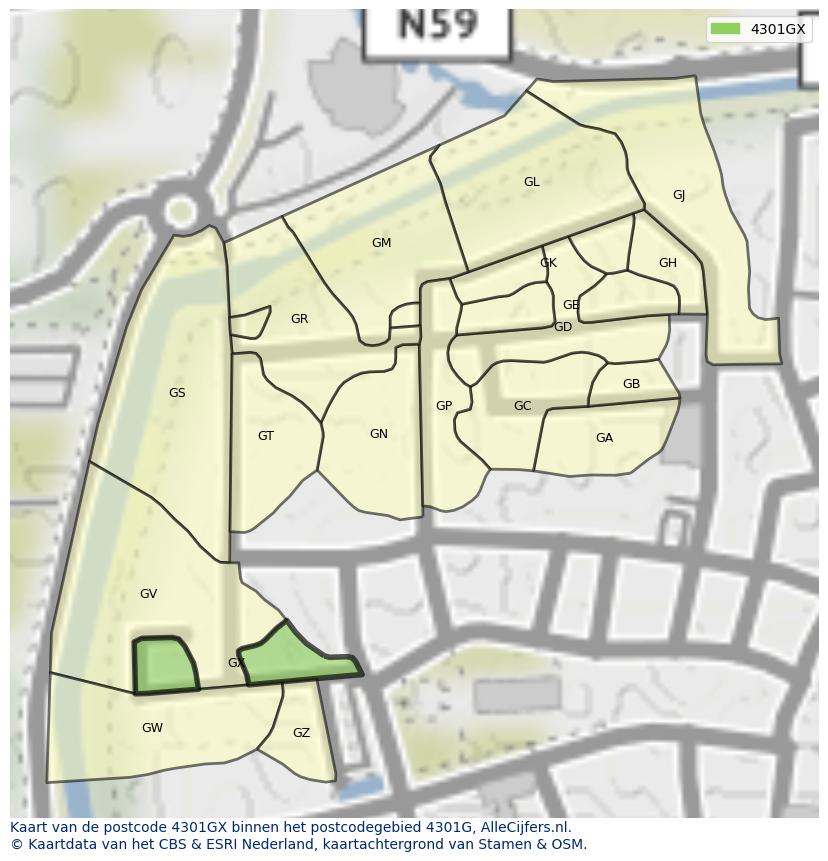 Afbeelding van het postcodegebied 4301 GX op de kaart.